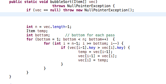 JAVA PROGRAMMING I need to bubbleSort to throw NullPointerException when it is