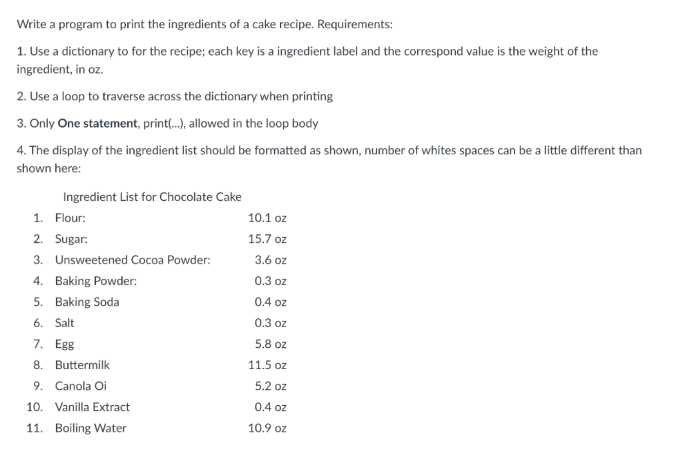In python please include comments Write a program to print the ingredients