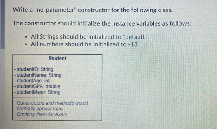 in Java please Write a "no-parameter" constructor for the following class. The