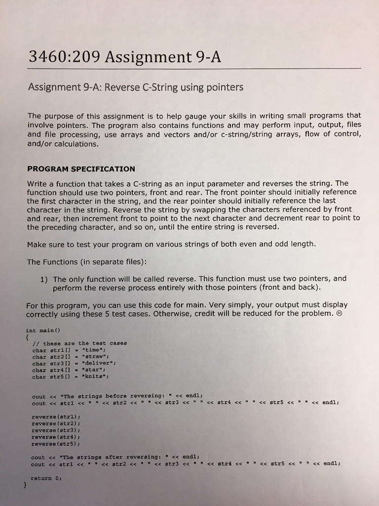  Code Blocks, C++. Thanks;) 3460:209 Assignment 9-A Assignment 9-A: Reverse C-String