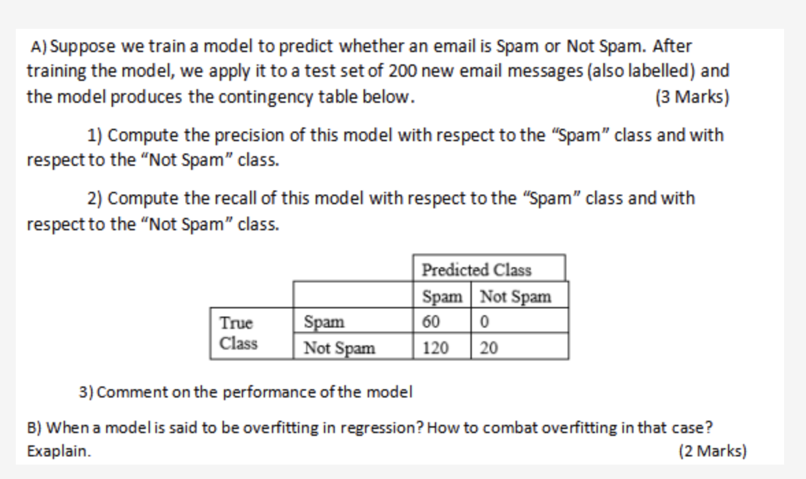  A) Suppose we train a model to predict whether an email