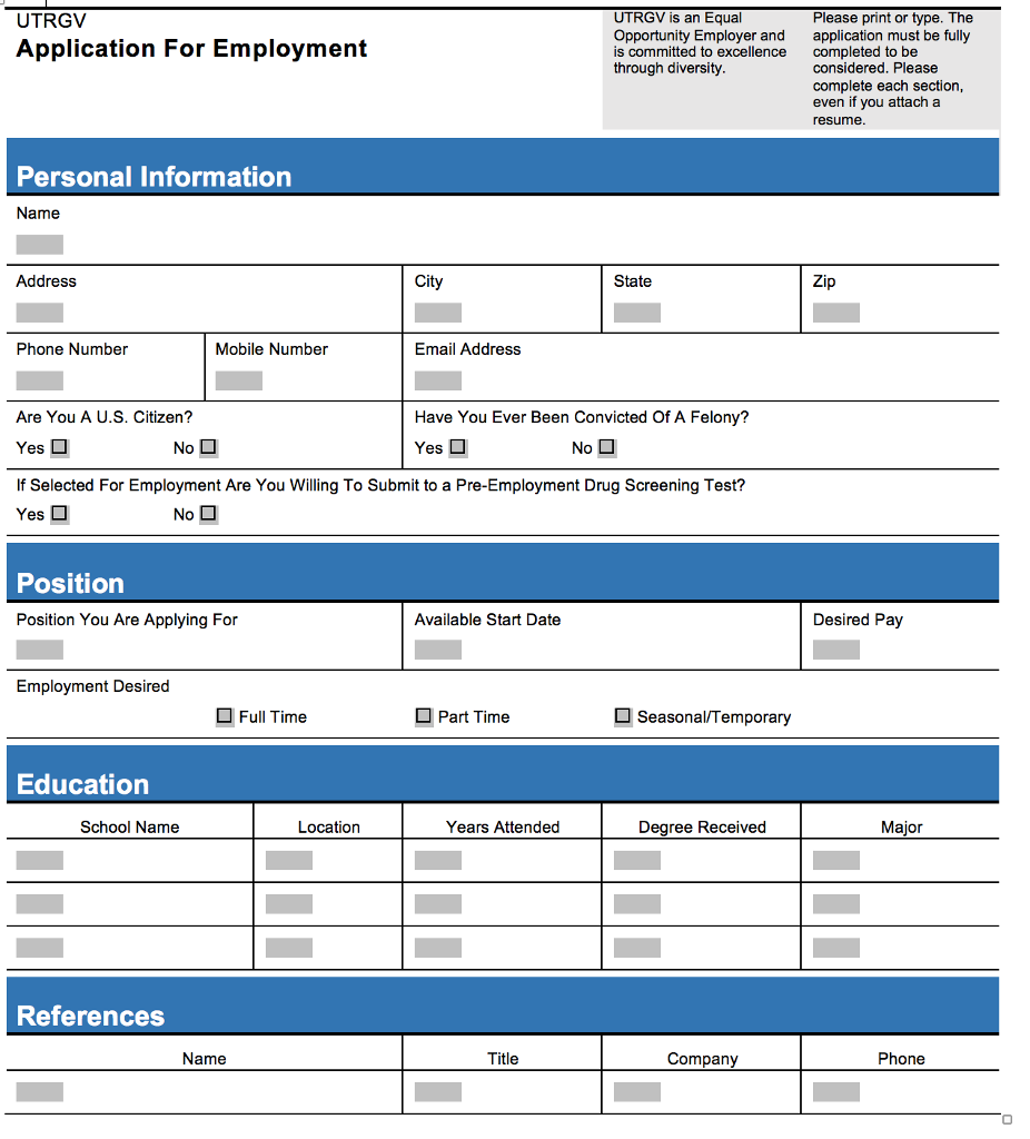 Convert the following form into Java Fx project UTRGV Application For Employment