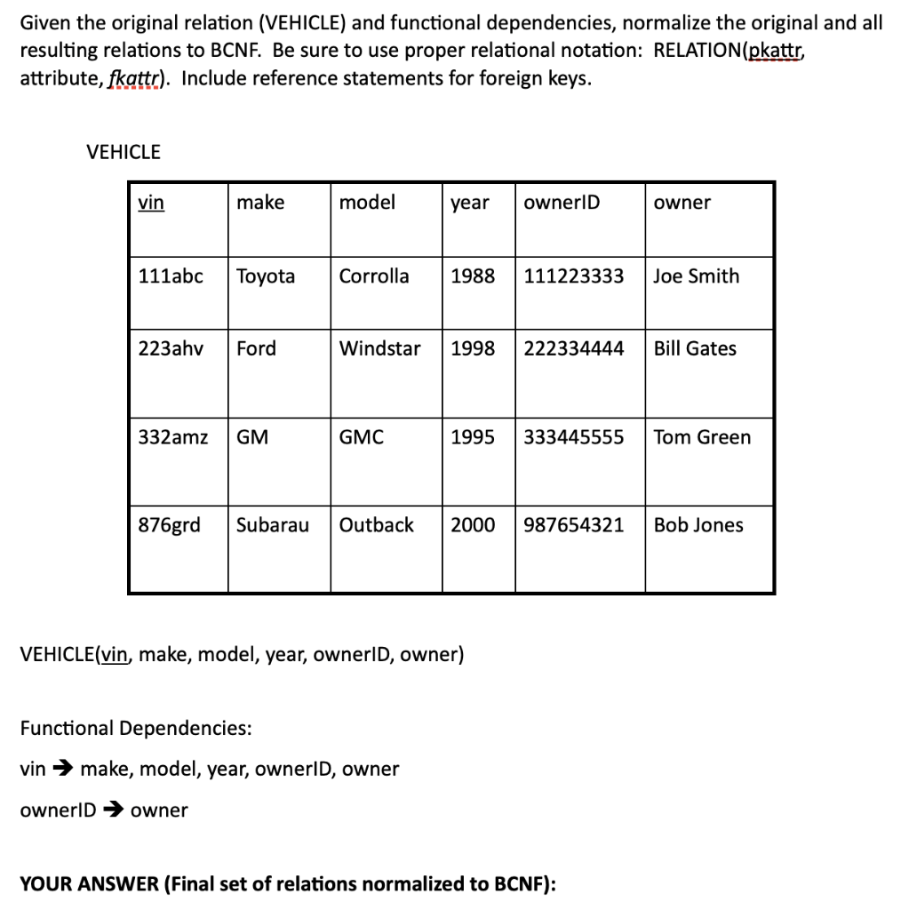  Given the original relation (VEHICLE) and functional dependencies, normalize the original
