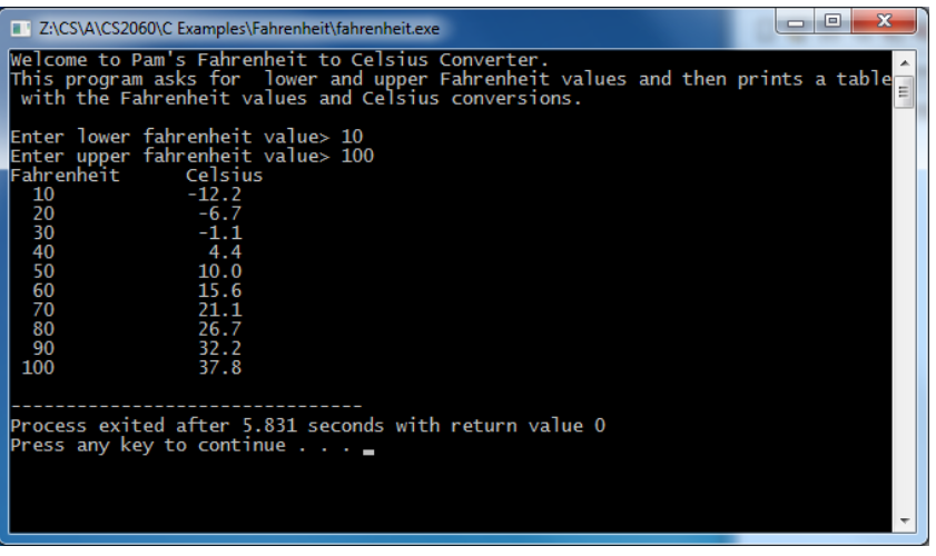 Write a Program in C Pass by Reference Fahrenheit to Celsius Table