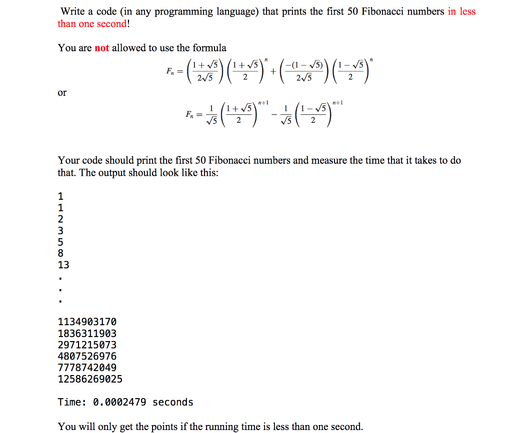Write a code (preferably in java) that prints the first 50 Fibonacci
