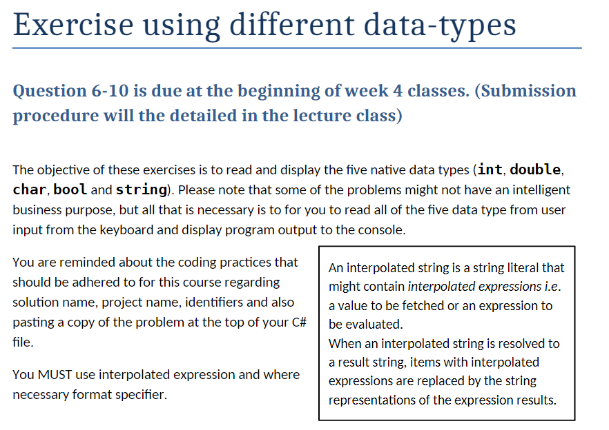  Exercise using different data-types Question 6-10 is due at the beginning