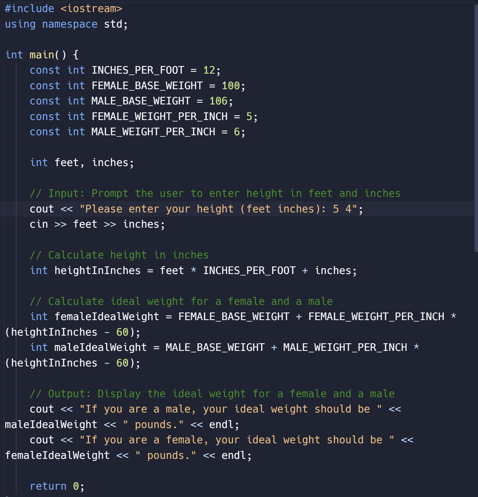  My code won't display the ideal weight when testing in C++.