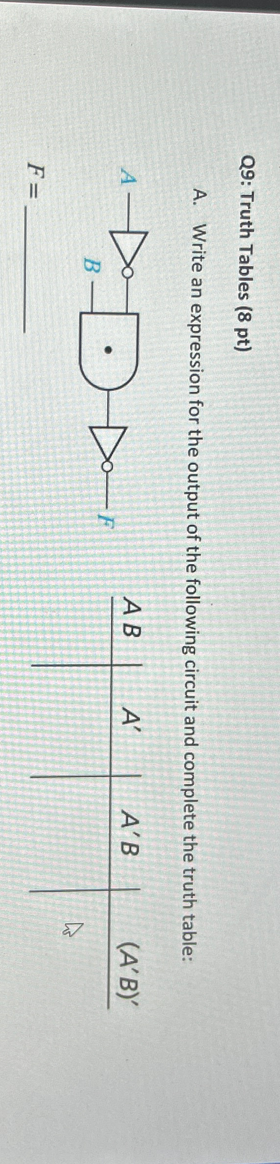  Q9: Truth Tables (8 pt) A. Write an expression for the