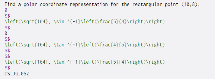 Find a polar coordinate representation for the rectangular point (10,8). 0