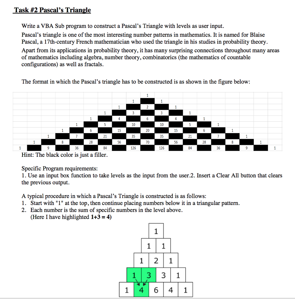 Write a VBA Sub program to construct a Pascal's Triangle with levels