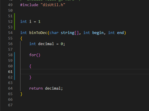 The binToDec function should interpret a substring of characters in an array
