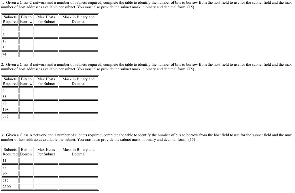  Answer subnetting questions, please. 1. Given a Class C network and