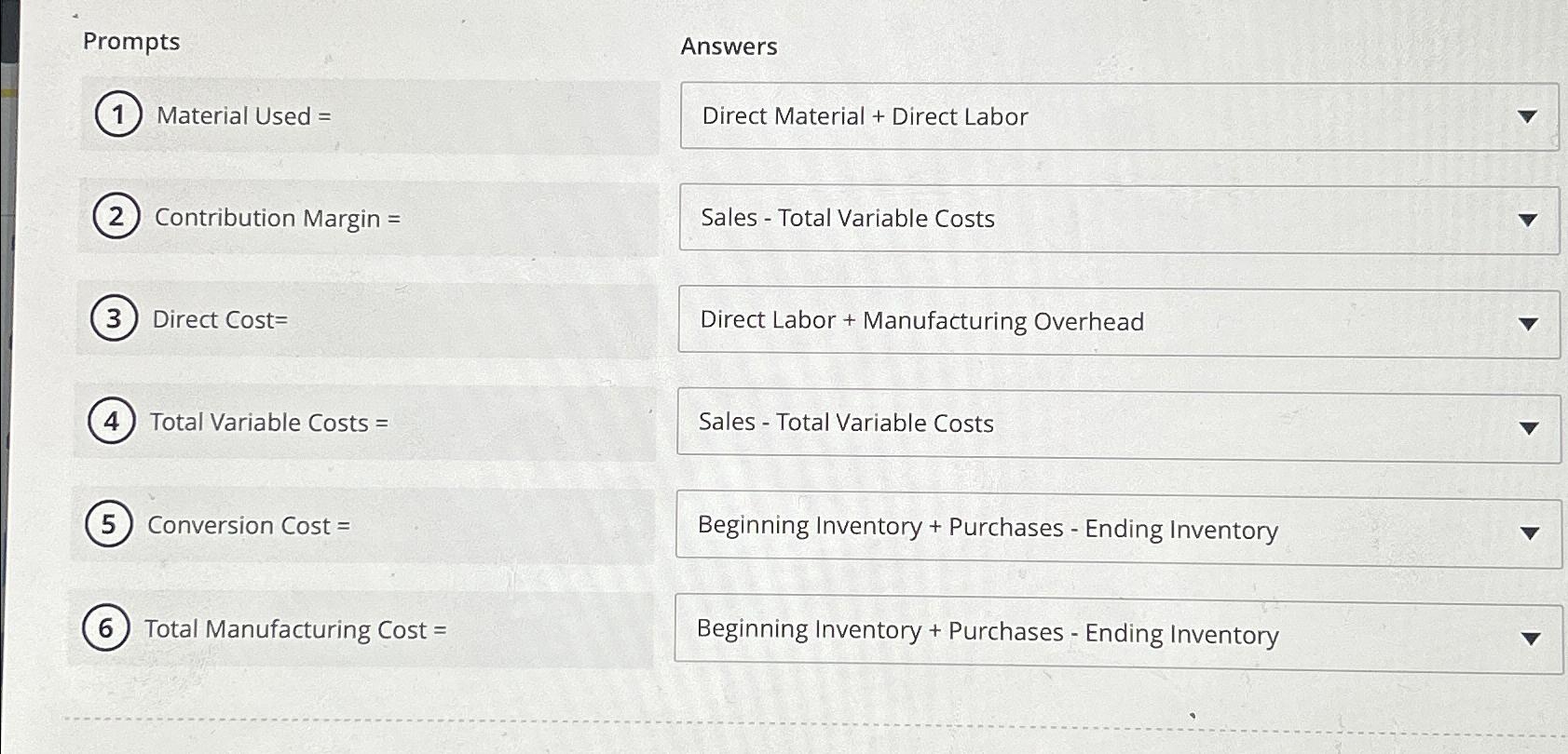  Prompts\ Material Used =\ Contribution Margin =\ Direct Cost=\ Total Variable
