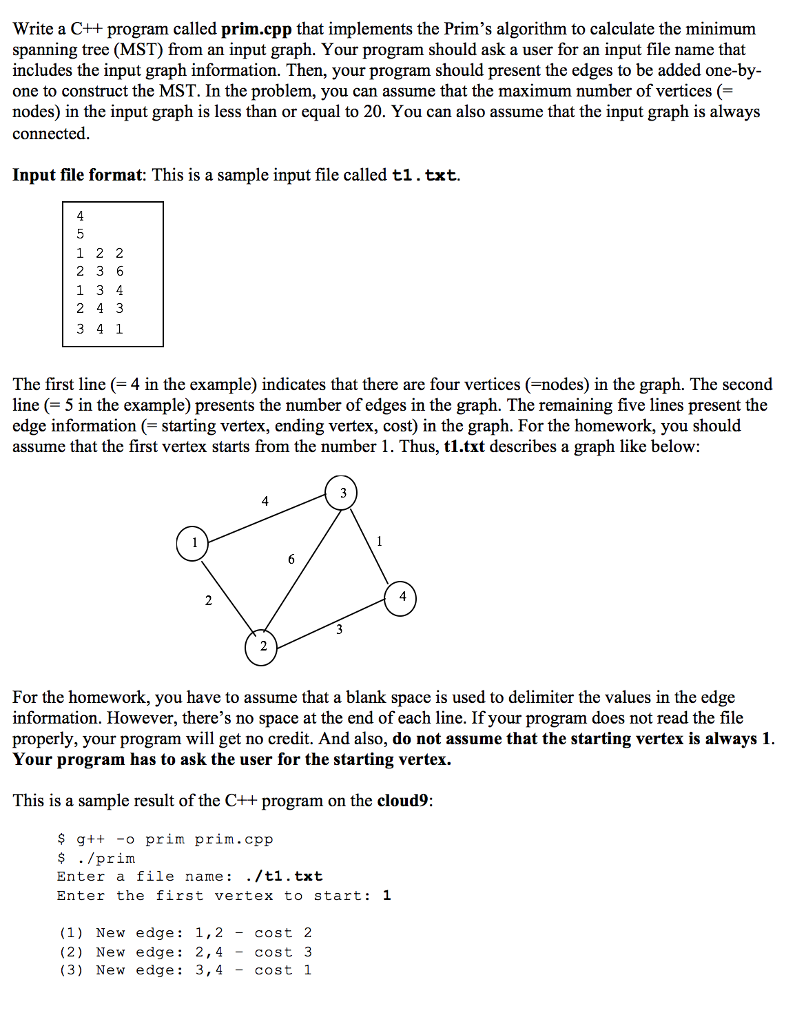  Write a C++ program called prim.cpp that implements the Prim's algorithm