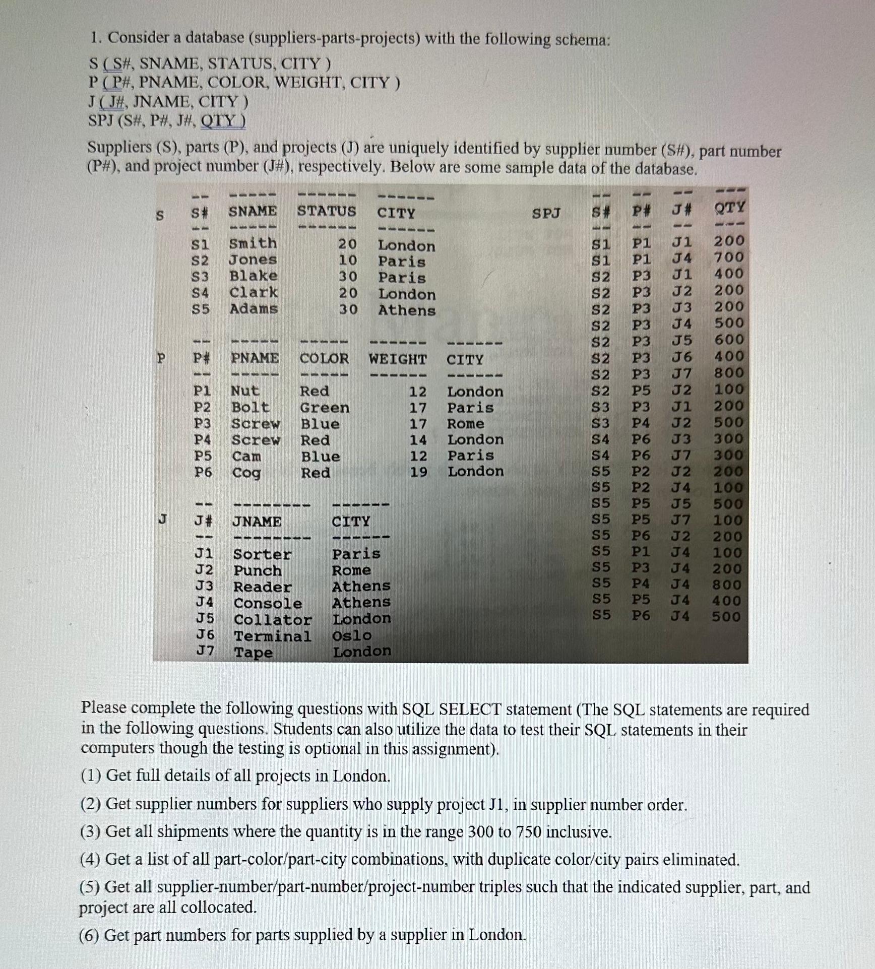  Consider a database (suppliers-parts-projects) with the following schema: S (SH, SNAME,