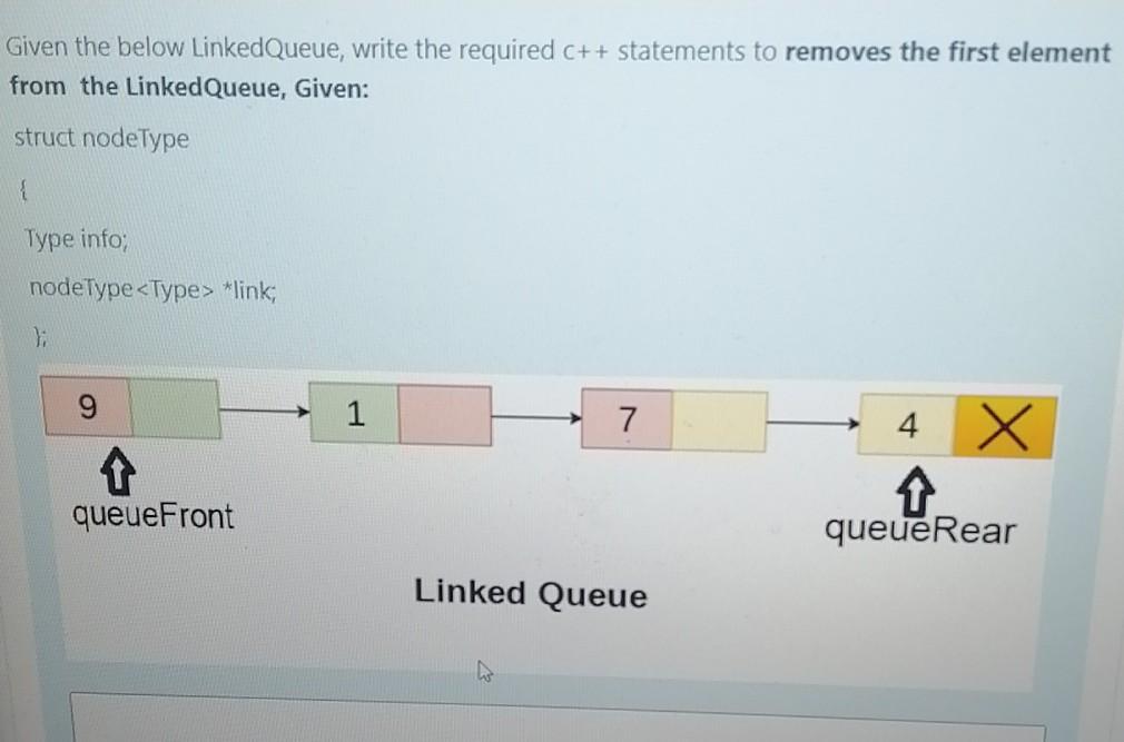 Given the below LinkedQueue, write the required C++ statements to removes