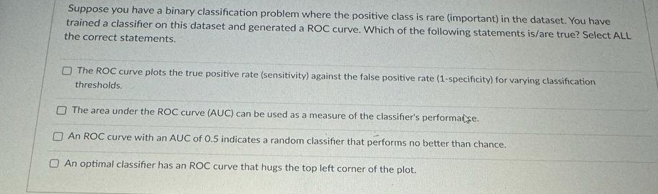  Suppose you have a binary classification problem where the positive class