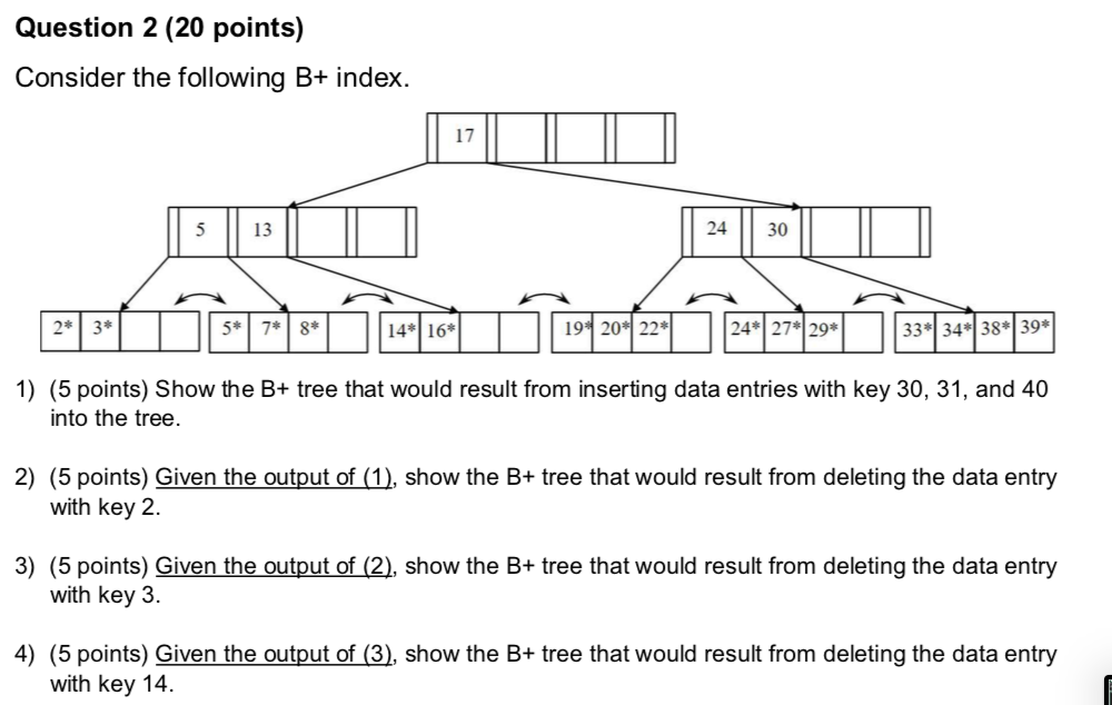 PLEASE COMPLETE ALL Question 2 (20 points) Consider the following B+ index.