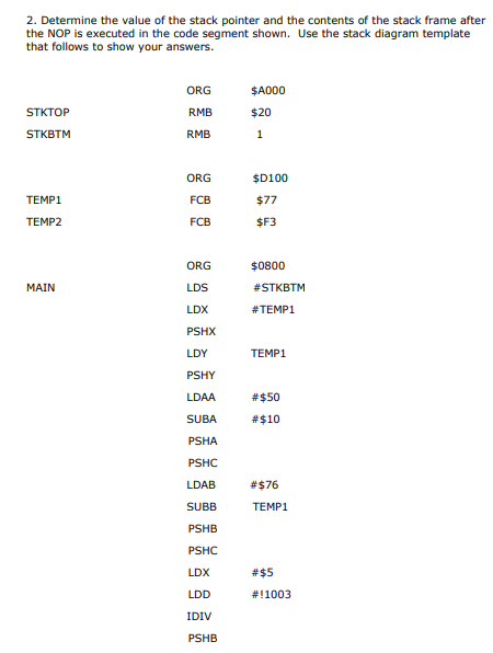 2. Determine the value of the stack pointer and the contents