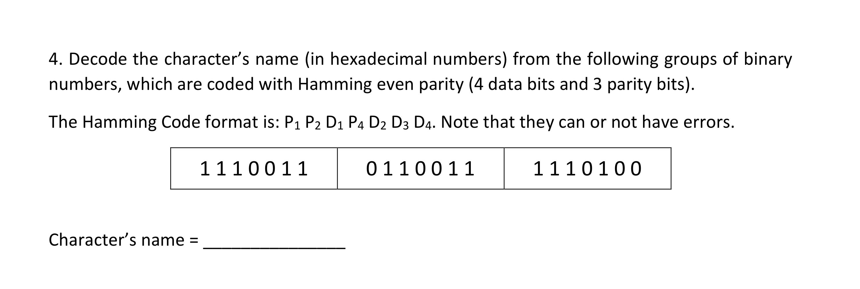  Decode the character's name (in hexadecimal numbers) from the following groups