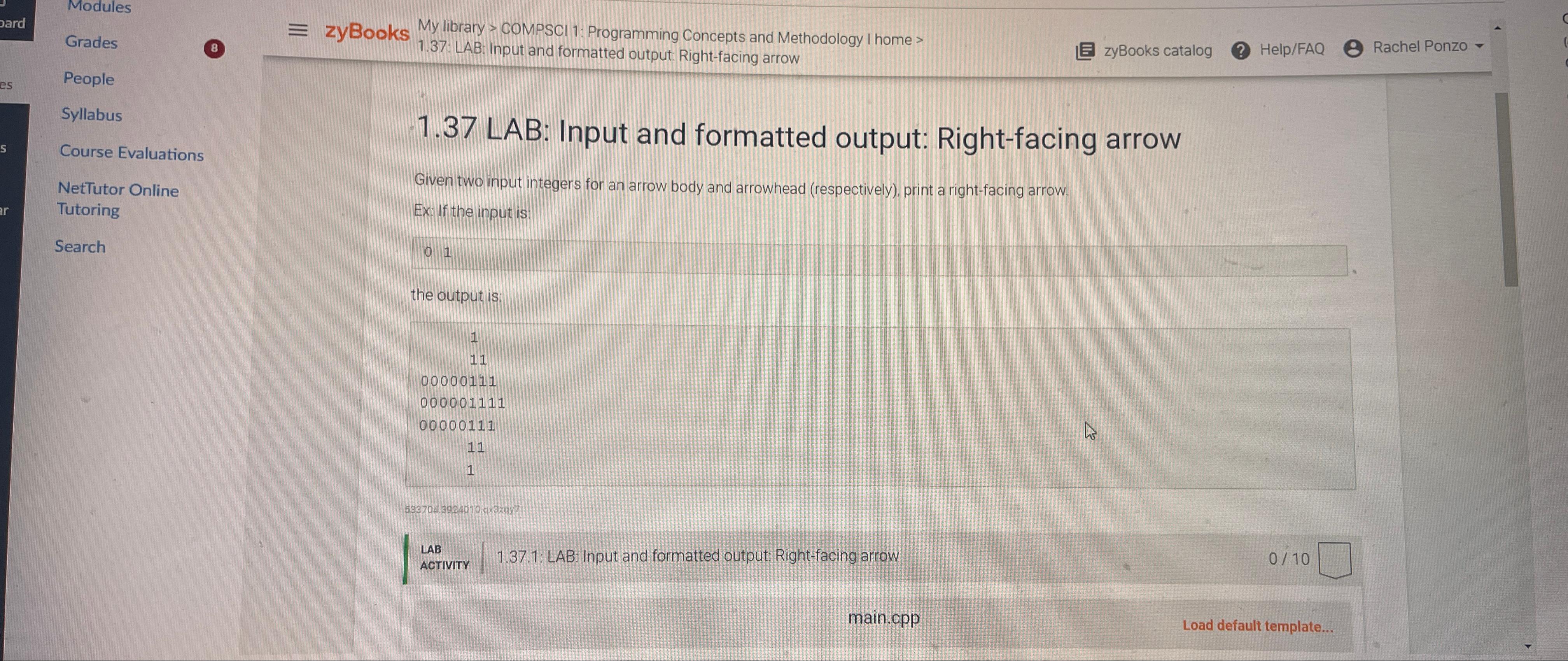  Modules Grades zyBooks My library > COMPSCI 1: Programming Concepts and