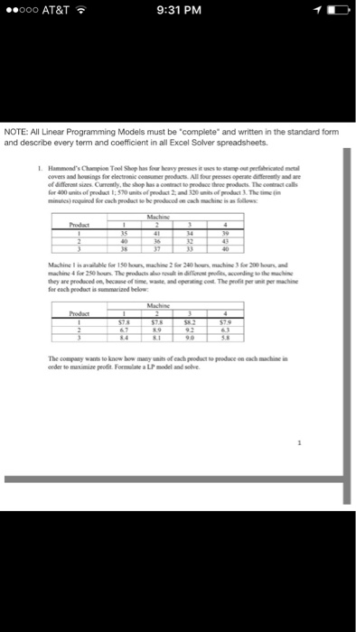  ooo AT&T 9:31 PM NOTE: All Linear Programming Models must be