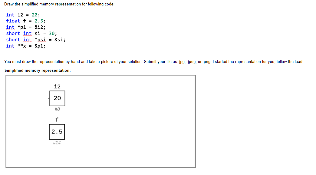 Draw the simplified memory representation for following code: int i2=20 float
