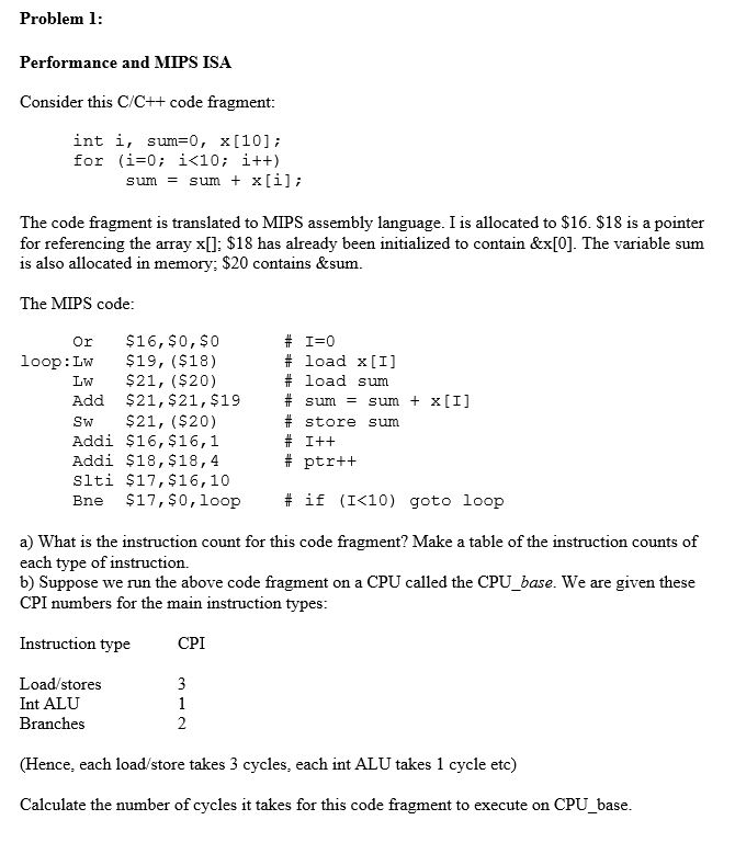  Problem1 Performance and MIPS ISA Consider this C/C+t code fragment int