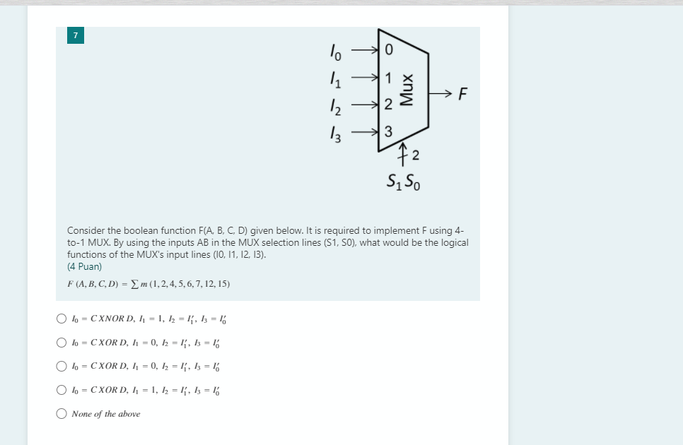 Consider the boolean function F(A, B, C, D) given below. It is
