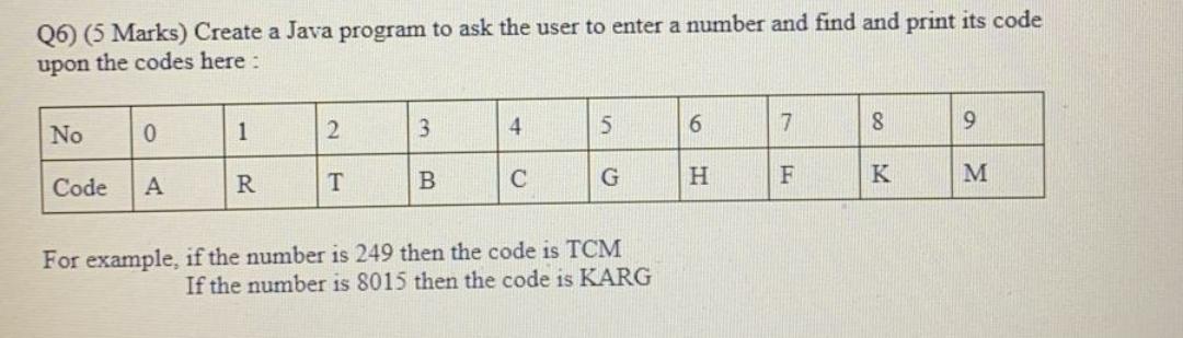  Q6) (5 Marks) Create a Java program to ask the user