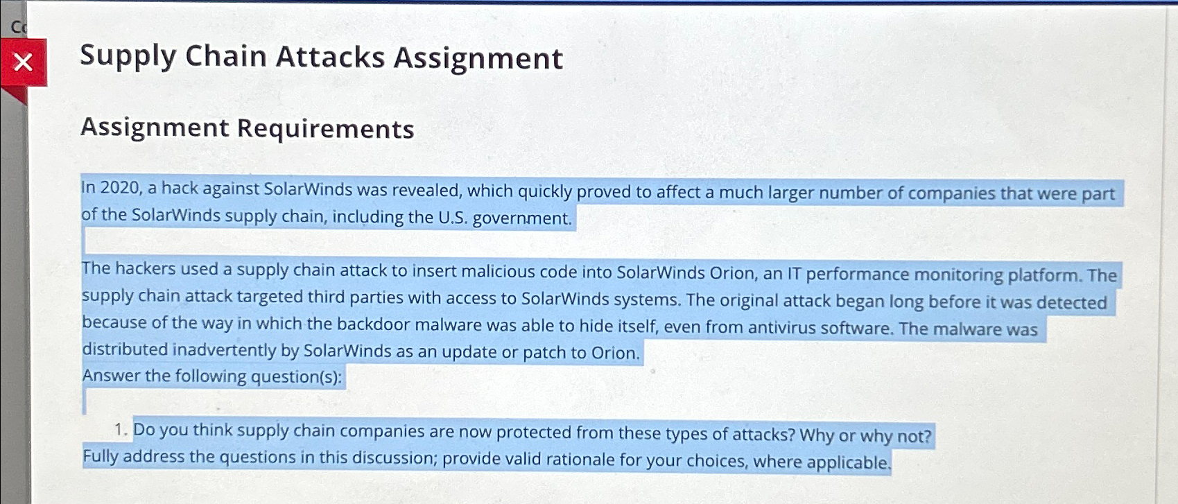  Supply Chain Attacks Assignment Assignment Requirements In 2020, a hack against