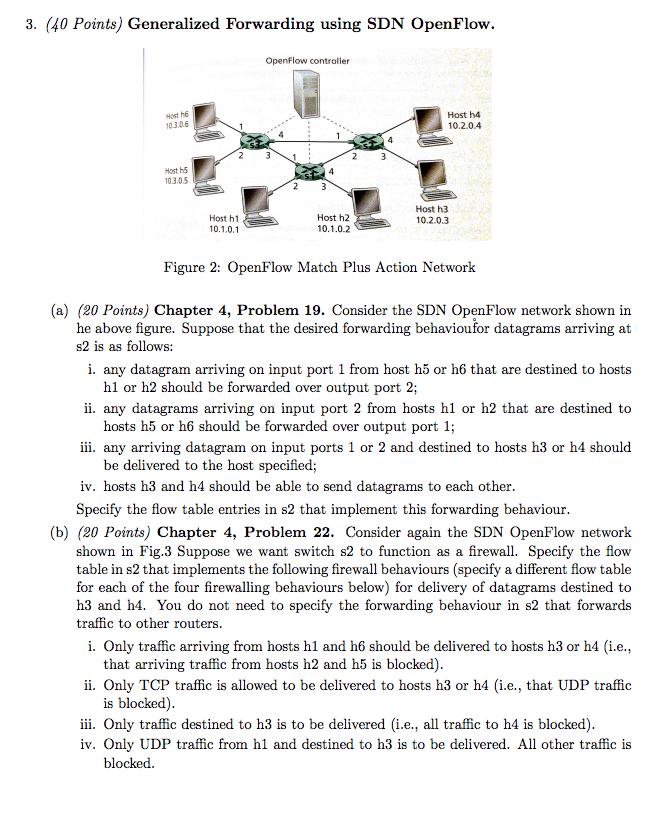  3. (40 Points) Generalized Forwarding using SDN OpenFlow. OpenFlow controller Host