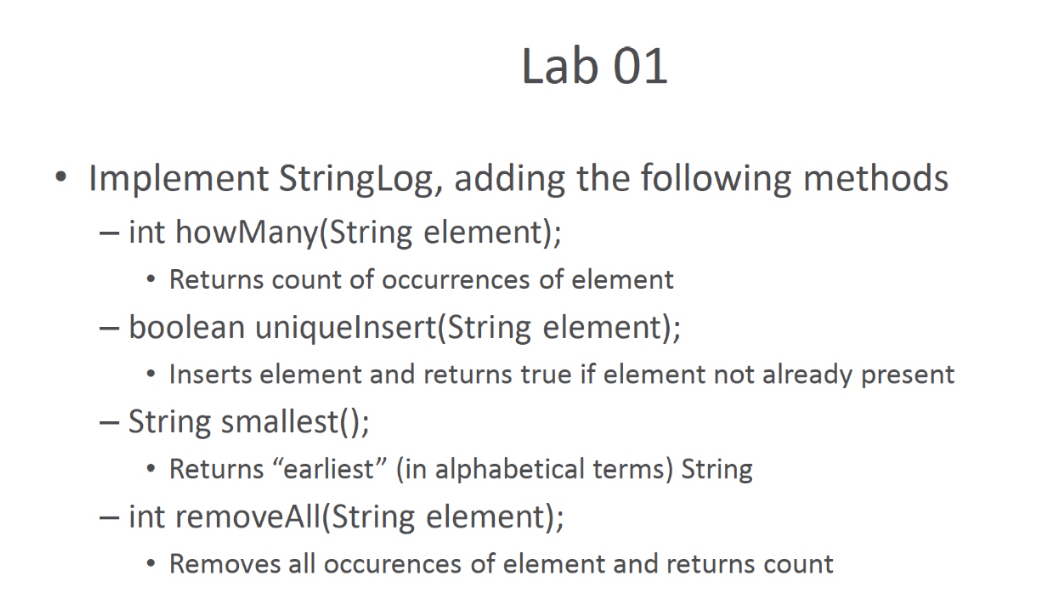  Implement StringLog, adding the following methods int howMany(String element); Returns count