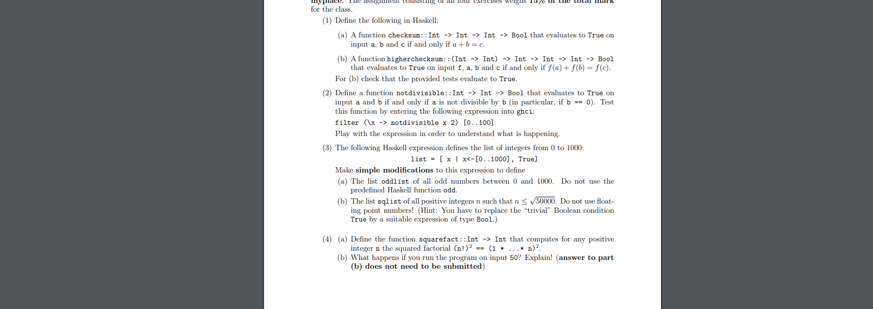  Please answer question (1) a. "In Haskell" with Code with main