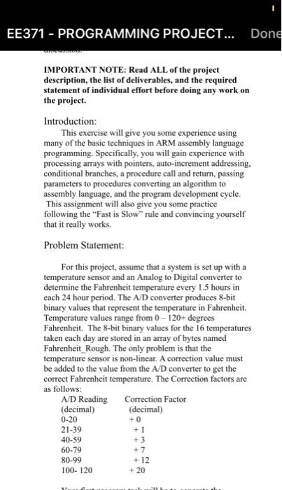  ARM assembly language assignment. EE371 PROGRAMMING PROJECT... Don IMPORTANT NOTE: Read