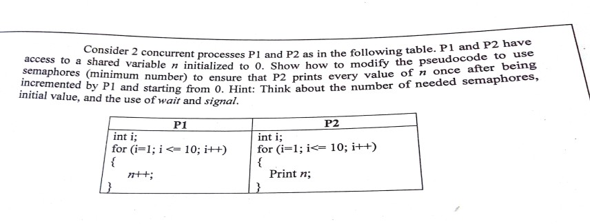  Consider 2 concurrent processes P1 and P2 as in the following