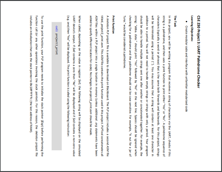  CSE 230 Project 3: UART Palindrome Checker Learning Objectives Create modular