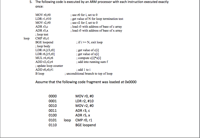 5. The following code is executed by an ARM processor with