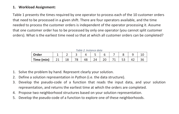 Using python 1. Workload Assignment: Table 1 presents the times required by