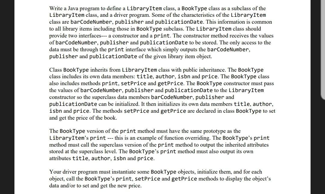 Help me implement this using Java code. we must include inheritance and