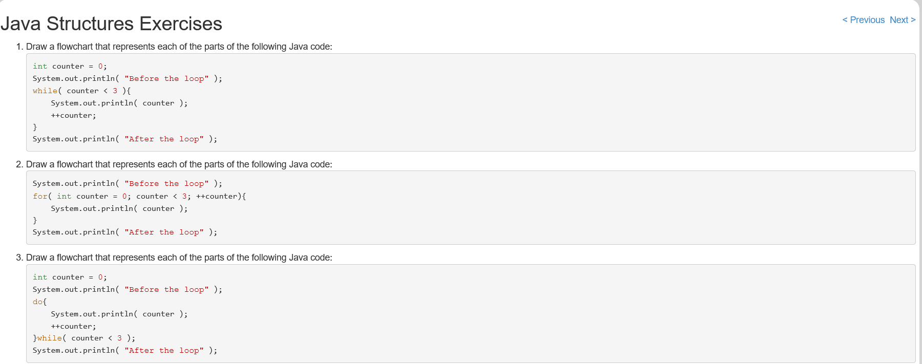 Java Structures Exercises 1. Draw a flowchart that represents each of