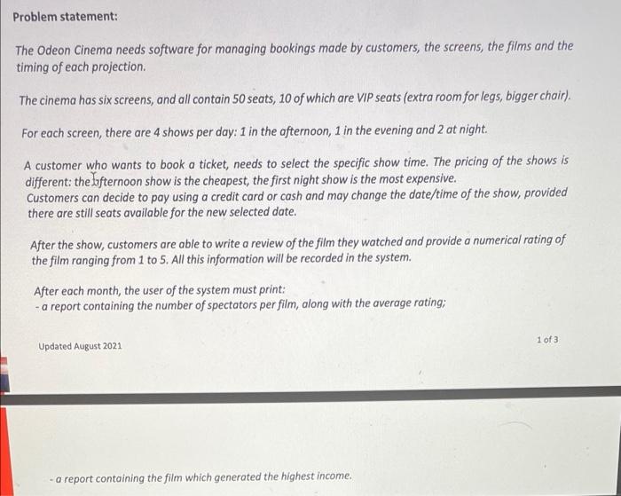 Actual detailed diagram not the code Problem statement: The Odeon Cinema needs