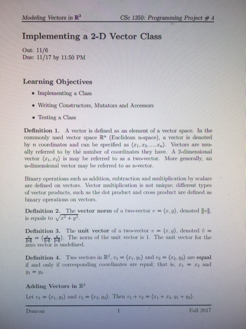  Modeling Vectors in R CSc 1350: Programming Project # 4 Implementing