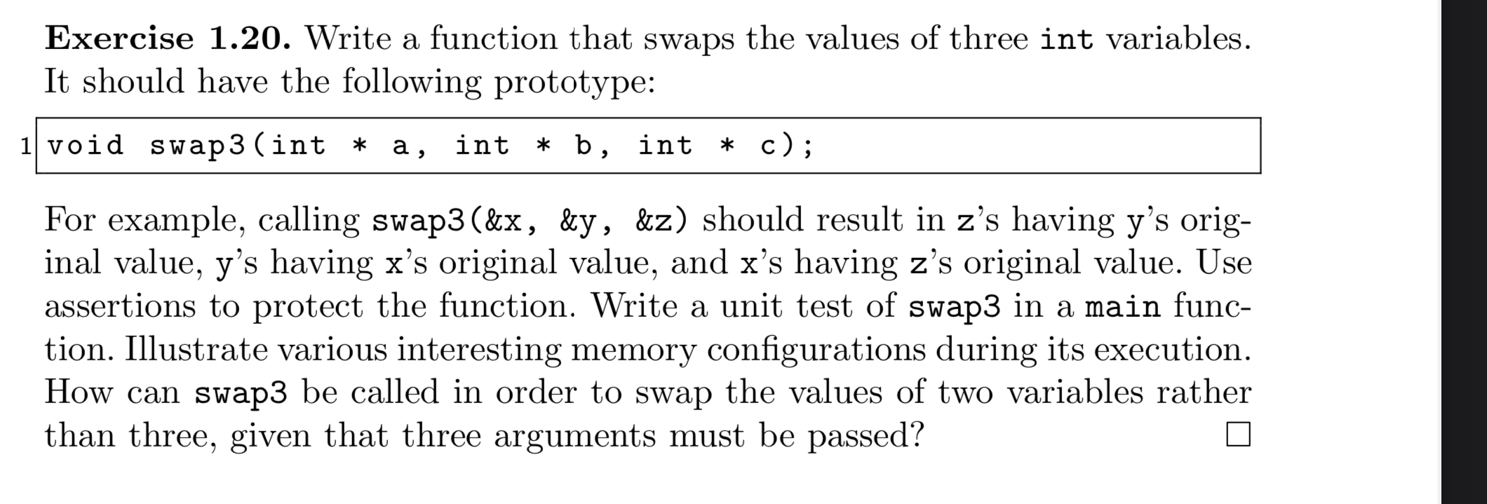  Exercise 1.20. Write a function that swaps the values of three