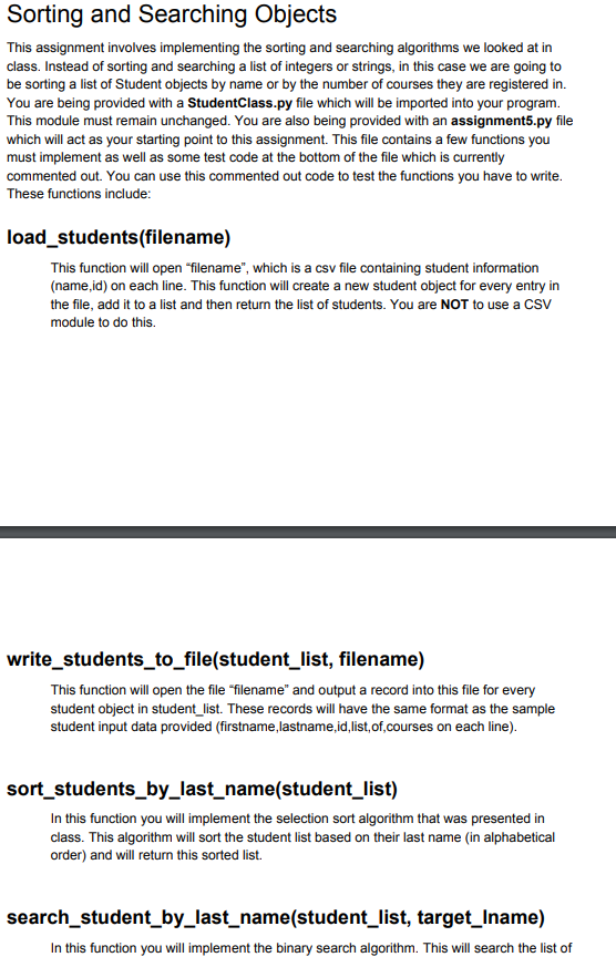 Sorting and Searching Objects This assignment involves implementing the sorting and