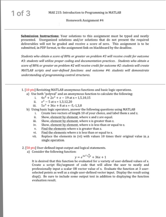  1 of 3 MAE 215: Introduction to Programming in MATLAB Homework