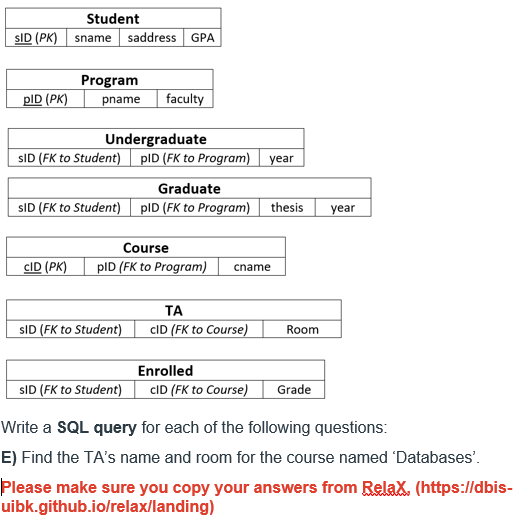  Student sID (PK) sname saddress GPA Program pID (PK) pname faculty