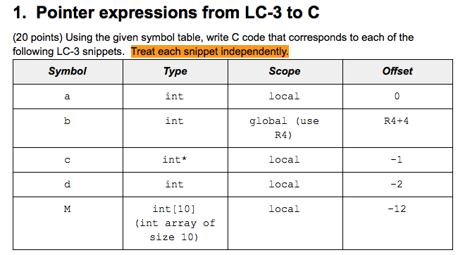  1. Pointer expressions from LC-3 to C (20 points) Using the