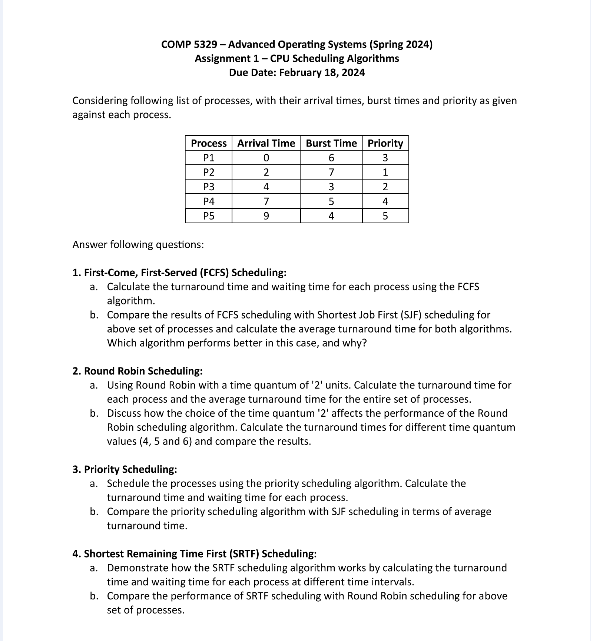  COMP 5329- Advanced Operating Systems (Spring 2024) Assignment 1- CPU Scheduling