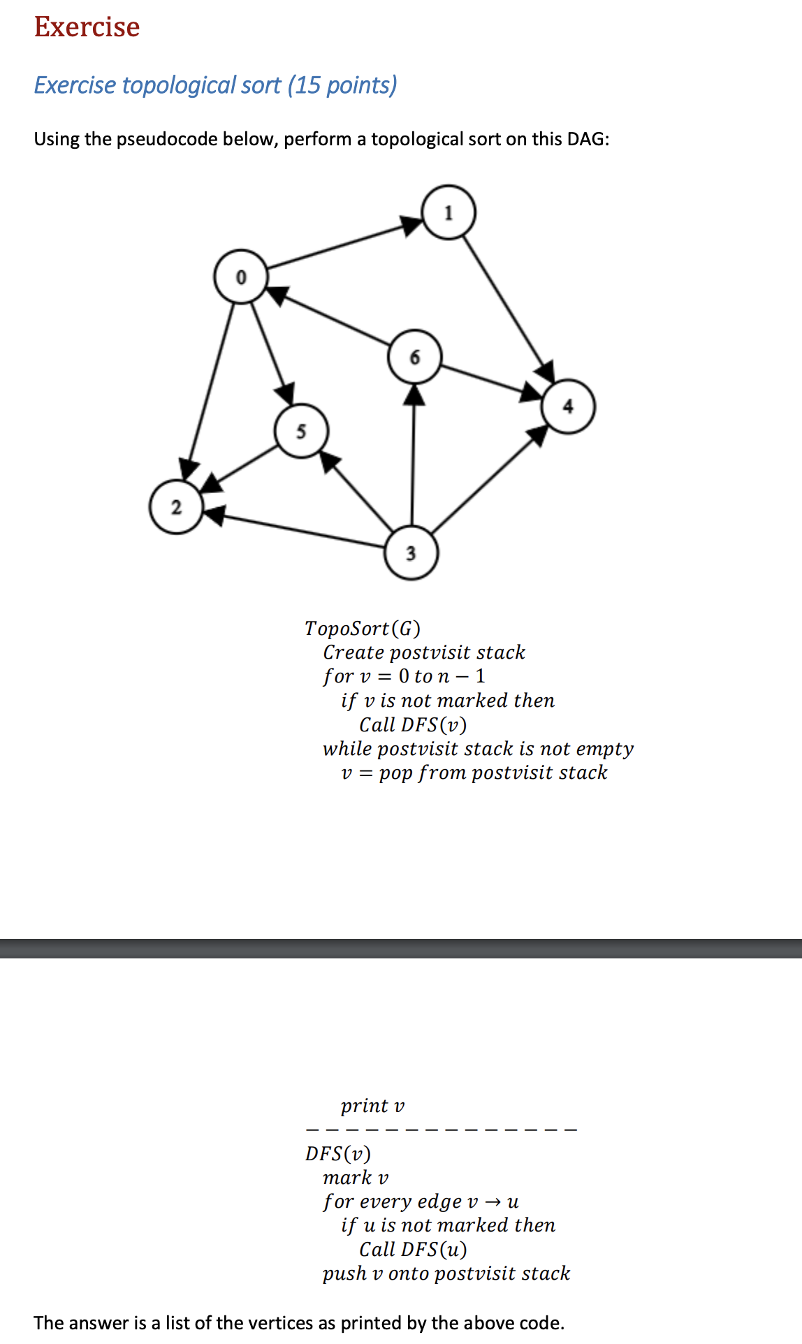  Exercise Exercise topological sort (15 points) Using the pseudocode below, perform